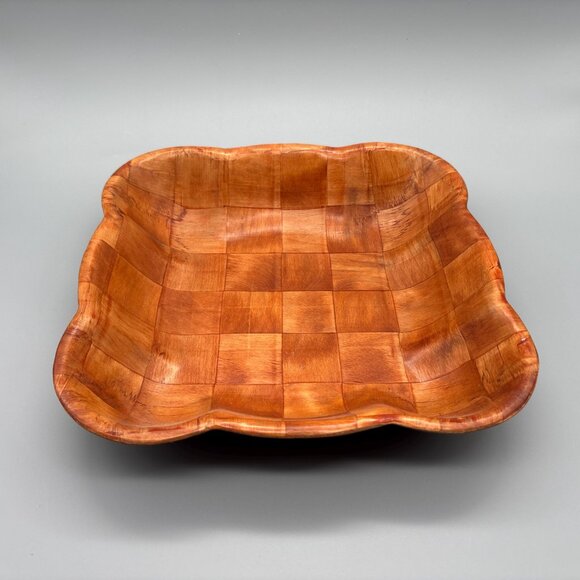 Vintage Large Parquet Wood Square Serving Bowl | Mid Century Thin Handcrafted - Picture 2 of 7